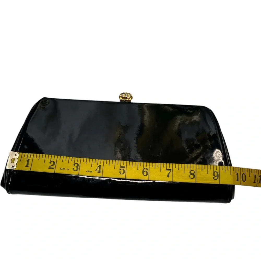 Vintage Patent Leather Evening Clutch Kiss Lock Gold Rhinestone Flower